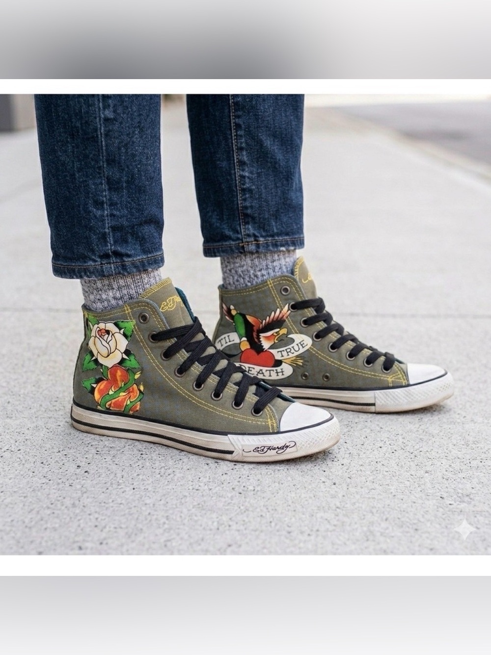 ED HARDY Hi-Top Sneakers True Til Death Youth sz 3 Tattoo Y2K Canvas Streetwear
